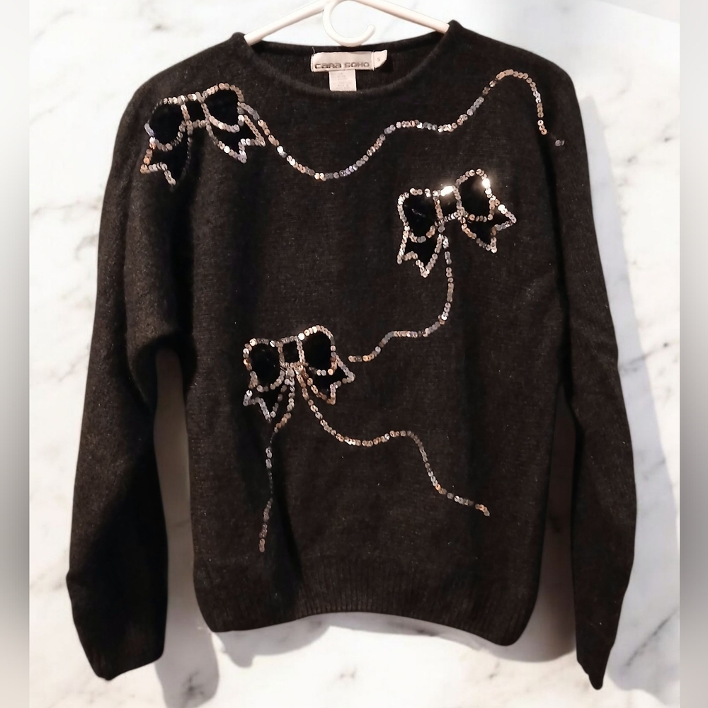 Vintage Cara Soho Silk Blend Black Bow Velvet Silver Sequin Sweater Small Goth